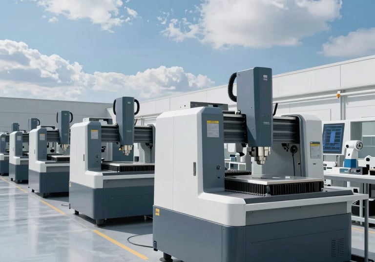 Wide shot of a clean, bright, and organized Spanish manufacturing floor. Multiple CNC machines are aligned perfectly, showing a modern industrial environment with Clouds white and Greyish Blue highlights.
