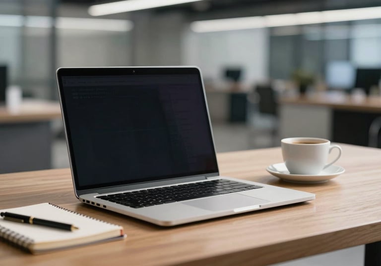 A sleek silver laptop open on a clean wooden desk with a notebook and a cup of coffee, set against a blurred background of a modern tech hub.