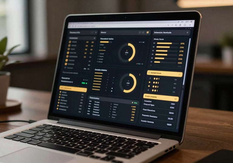 A close-up of a modern high-resolution laptop screen showing a sleek sports analytics dashboard with gold accents in a dim, premium office environment.