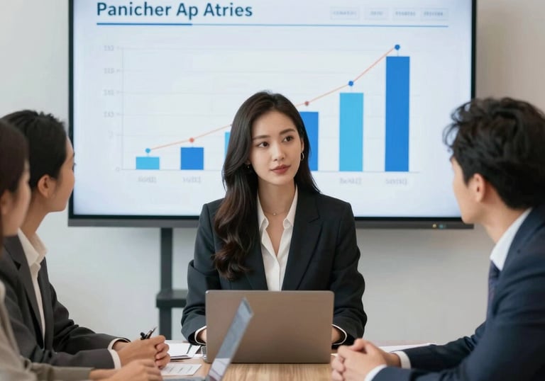 A professional consultant guiding a small team in a modern meeting room.