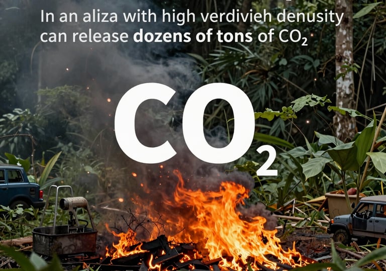 A forest fire releasing smoke with a CO2 text overlay discussing environmental impact and carbon emissions.