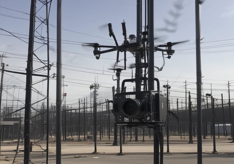 Thermal imaging from drone showing hotspots on electrical equipment at dusk.