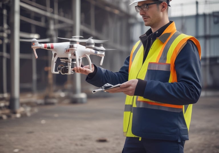 Technician monitoring drone data on a tablet in the field near power lines.