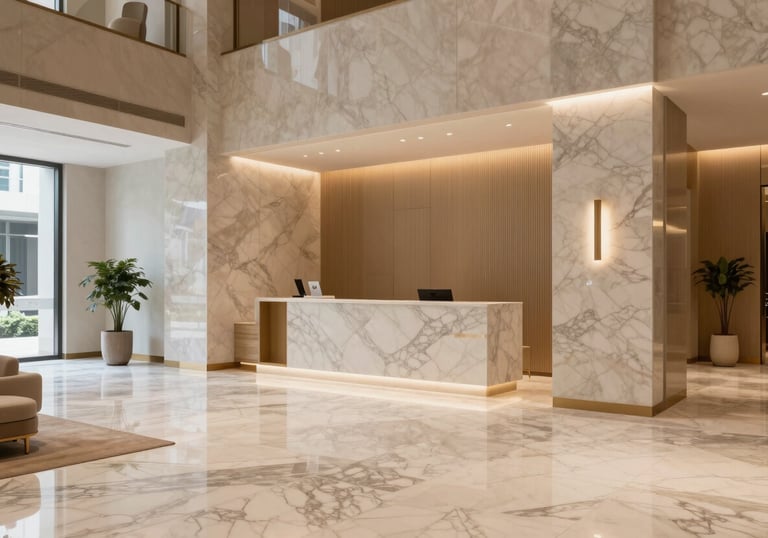 An elegant, minimalist lobby of a premier financial center in Bangkok, featuring marble floors, champagne-colored accents, and a tranquil atmosphere.