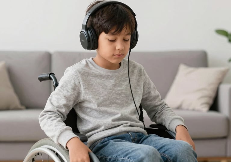 A smiling child using a sensory toy with a caring adult nearby in a bright room.