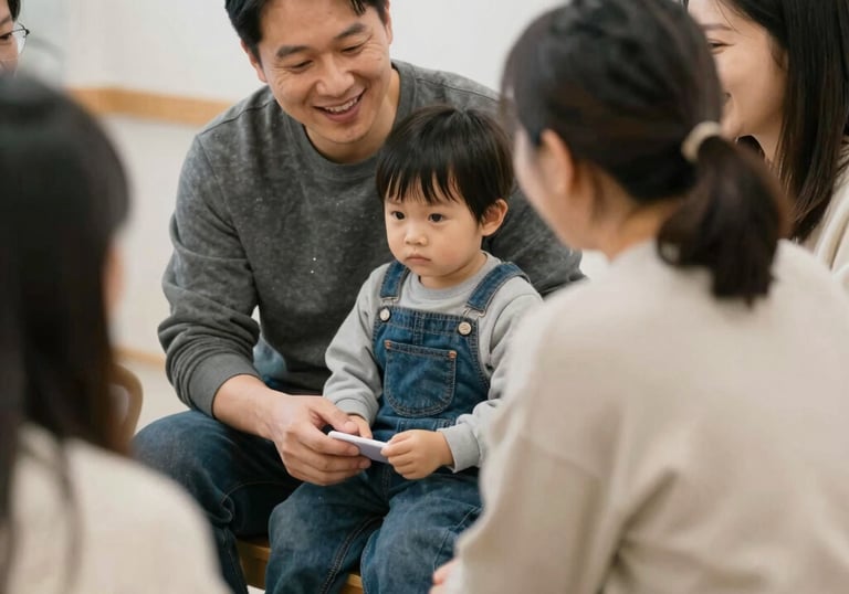 Volunteers and families gathered in a church hall sharing smiles and support.