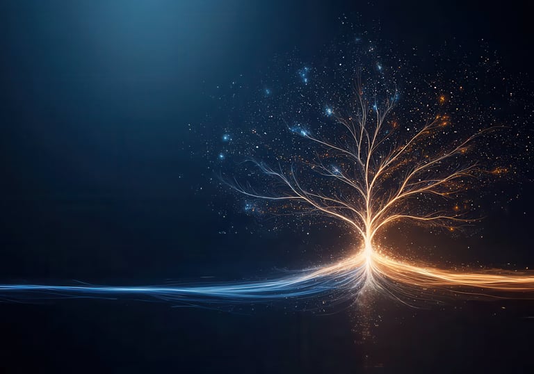 An abstract glowing tree with golden and blue light branches symbolizing growth and transformation.