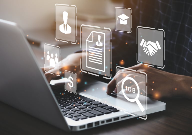 Laptop with job search icons, representing career consistency and accountability.
