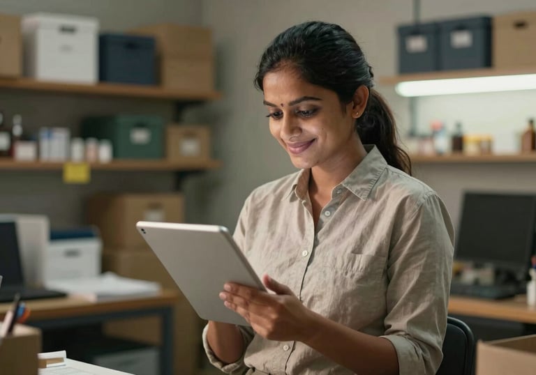A South Asian small business owner in a modern, organized workshop in Maharashtra, looking at their tablet with a satisfied expression. The lighting is warm and conveys a sense of business security.