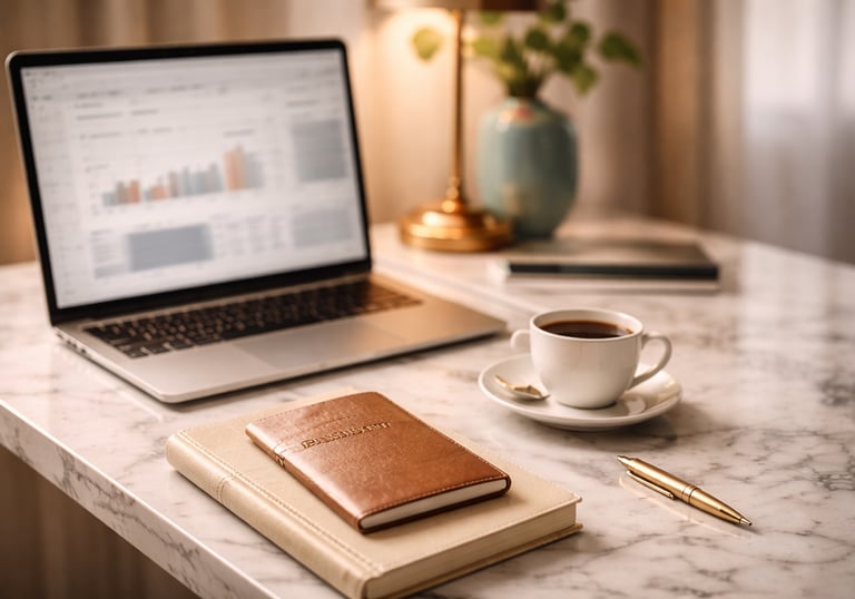 Bureau élégant avec ordinateur affichant des graphiques, carnet et café sur marbre — image de souveraineté commerciale