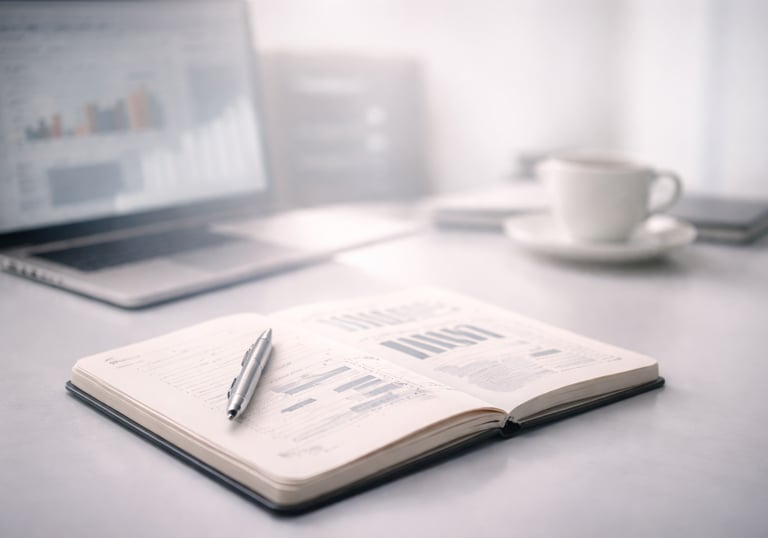 Carnet ouvert avec graphiques et stylo, ordinateur en arrière-plan — pilotage quotidien des KPI (ADR, OCC, RevPAR).