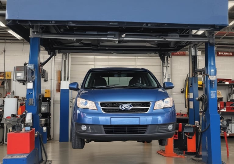 A small automotive repair shop with a distinctive red and white facade, located on a quiet street. The building is one story with large glass windows and a sign displaying the name of the business. A black car is parked in front of one of the garage doors. Tree-lined streets with houses are visible in the background, bathed in the soft light of late afternoon.