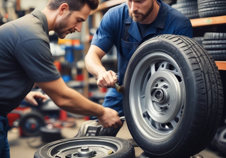 A spacious and well-lit automotive repair shop with several vehicles, including a truck on a lift and another with its hood open. The area is organized with tools and equipment scattered around workstations, with blue car lifts and various service bays visible.