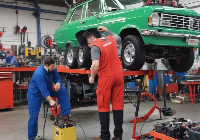 A spacious and well-lit automotive repair shop with several vehicles, including a truck on a lift and another with its hood open. The area is organized with tools and equipment scattered around workstations, with blue car lifts and various service bays visible.