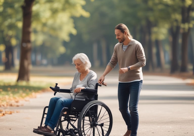 A friendly staff member engaging with a resident in a bright and cheerful common area.