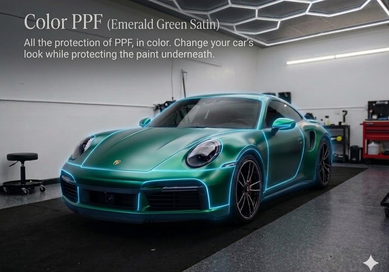 A luxury Porsche 911 showcasing a Color PPF installation in Emerald Green Satin at Bluemax Tint. The