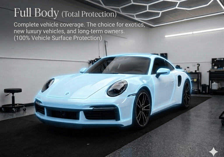 A professional demonstration of the Full Body PPF package on a white Porsche 911 at Bluemax Tint. Th