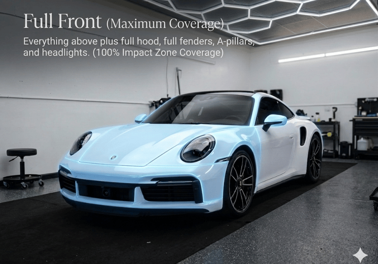 A professional demonstration of the Full Front PPF package on a white Porsche 911 at Bluemax Tint. 