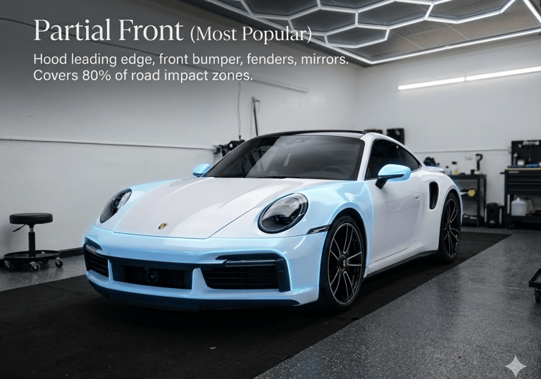 A professional infographic showcasing the Partial Front Paint Protection Film (PPF) package on a whi