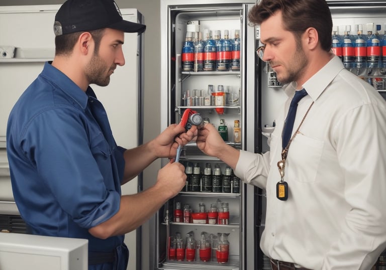 A technician repairing a commercial kitchen appliance.