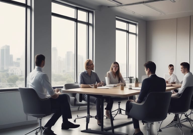 a group of people sitting around a table with a man in a suit and tie