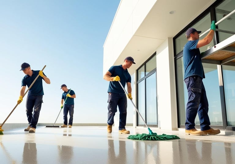 Des agents d'entretiens entrent de faire le nettoyage de fin de chantier  d'un villa