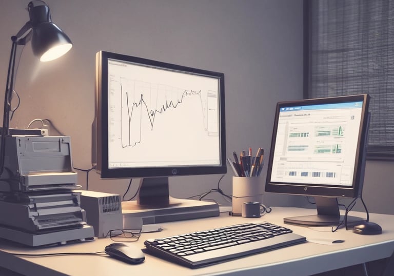 A person is holding a tablet displaying a point-of-sale system. The person is wearing a gray button-up shirt and stands in a room with dark walls and shelves in the background. The tablet screen shows various products and prices, indicating a business environment.