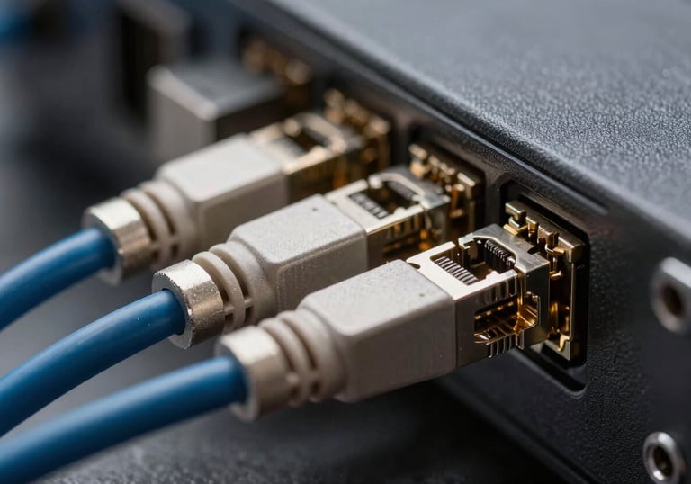 Macro photography of industrial-grade network cables and high-performance server hardware components, focusing on metallic silver and steel gray textures.