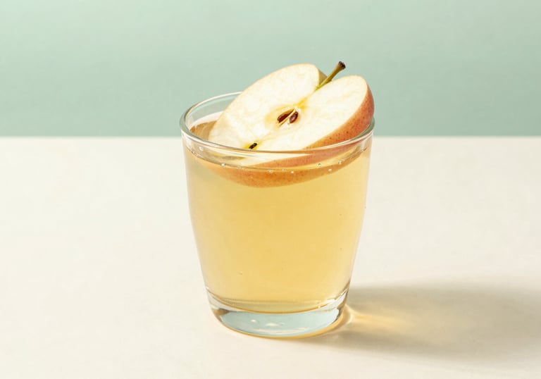 A minimalist studio shot of a glass of golden apple juice with a single thin slice of fresh apple floating on top. The glass is placed on a smooth, creamy white surface. The lighting is soft and professional, creating a sophisticated and clean aesthetic. Palette includes soft mint green and creamy white.