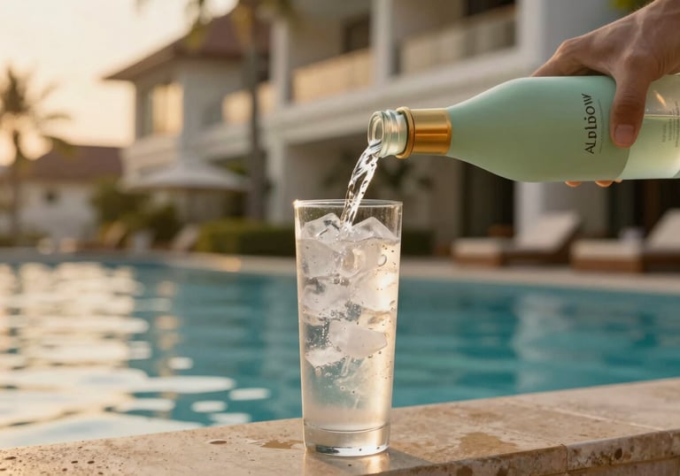 An aesthetic shot of an Alpflow bottle being poured into a tall glass filled with ice, set against a blurred background of a luxury Southeast Asian / Thai hotel pool. The golden hour light creates a warm, premium glow. Colors are muted sage green and golden yellow.