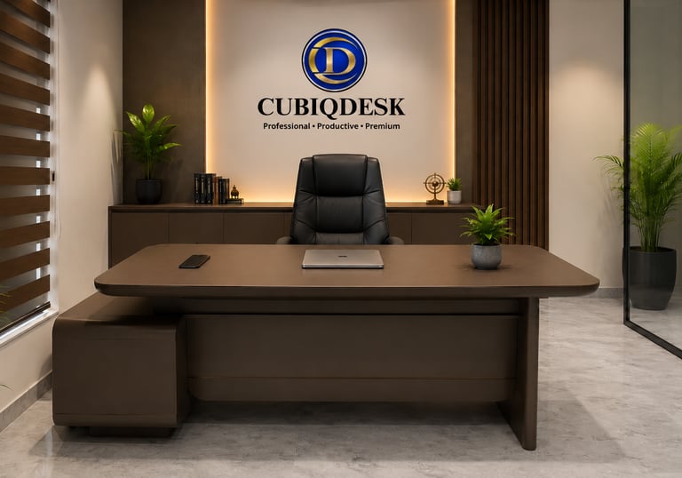 Modern executive office interior featuring a brown Cubiqdesk desk with a black leather chair and green plants.