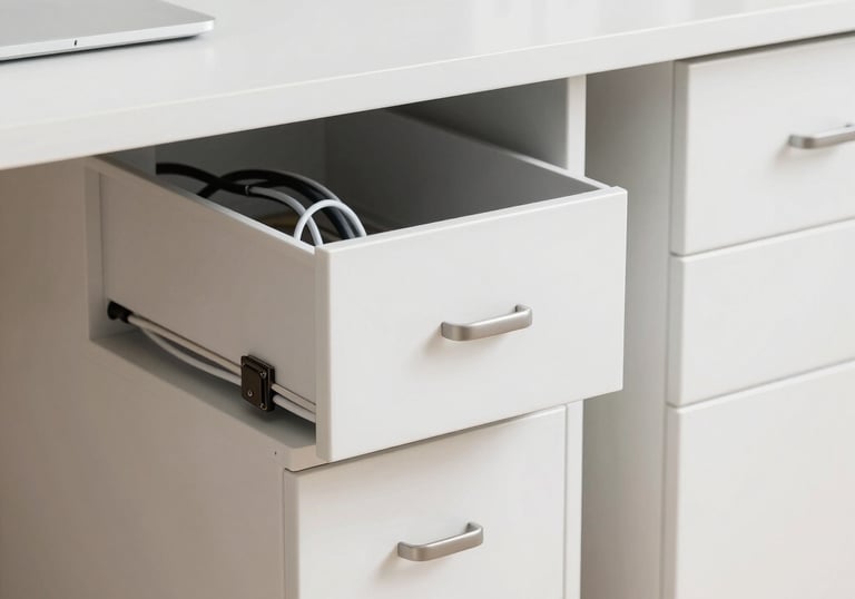 Executive desk showcasing built-in storage compartments and cable management.