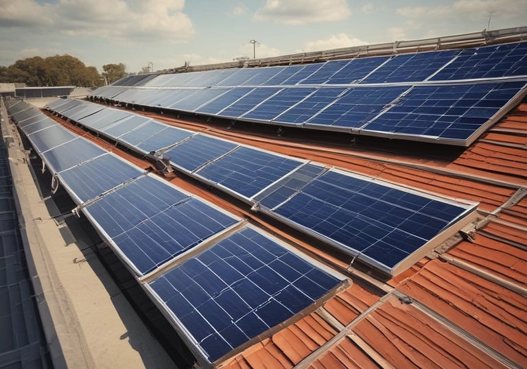A solar panel array under a clear blue sky.