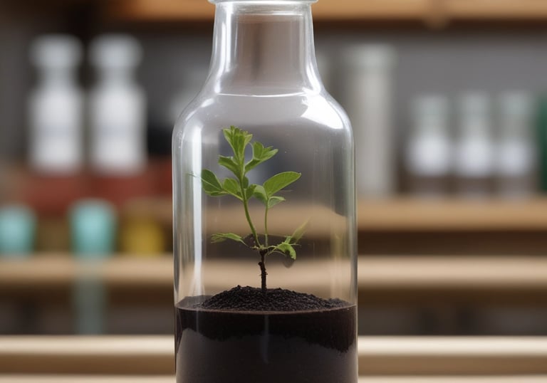 A farmer applying organic fertilizer to a vibrant vegetable garden under a clear blue sky.