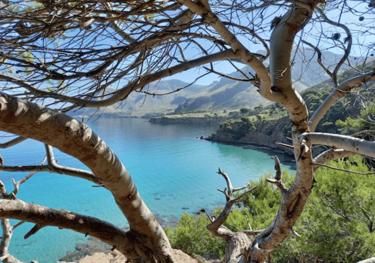 Cala Na Clara Viewpoint.A small beach surrounded by mountains.