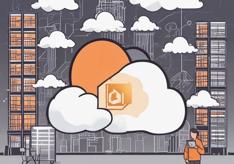 A team of professionals collaborating over cloud infrastructure diagrams in a modern office.