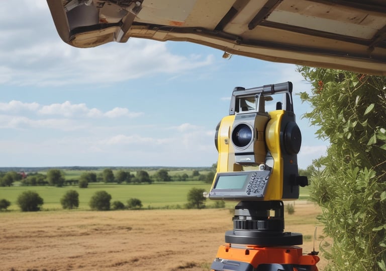 Close-up of a professional surveying equipment on a construction site.