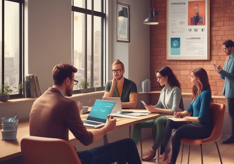 A diverse group of professionals collaborating in a modern office environment.