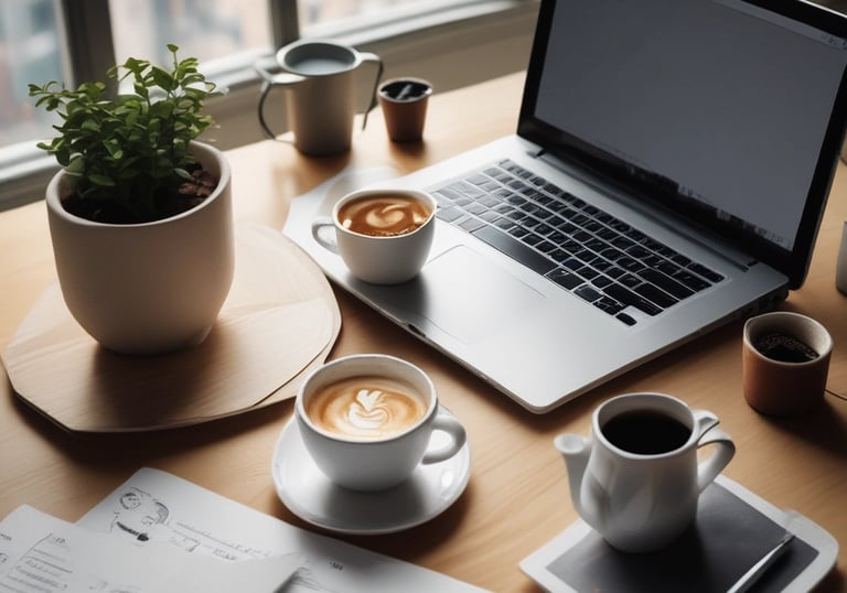 A coffee shop setting featuring a disposable coffee cup with a recognizable logo next to an open laptop displaying a calendar. The environment suggests a workspace or casual meeting place with a focus on productivity. A notebook is partially visible in the foreground, emphasizing the theme of planning or organization.
