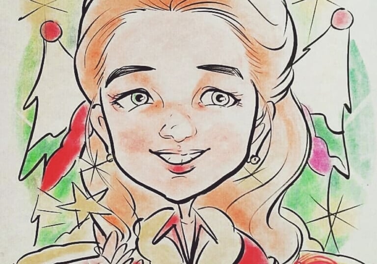 Caricature drawing of a girl in christmas costume