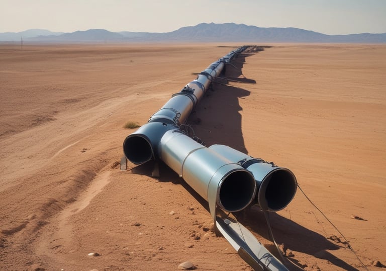 A construction site showing workers installing large seamless pipes in a trench.