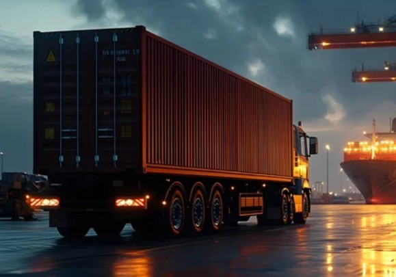 Container on back of HGV truck on a shipping port