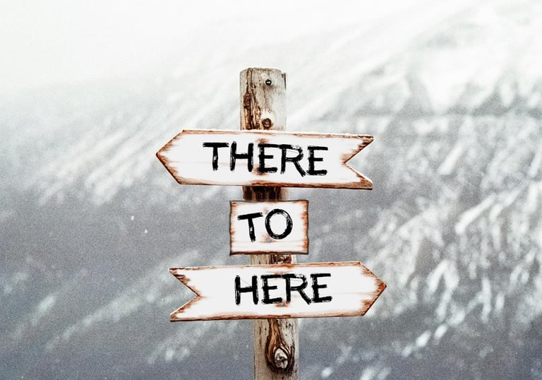 Signpost with arrows reading ‘There’ and ‘Here’.