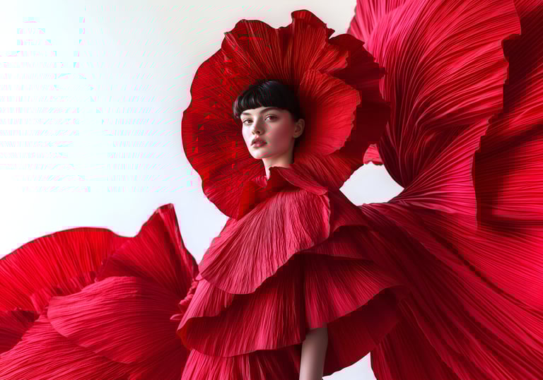 a woman in a red dress with a large red flower. photoshoot service to promote brands 