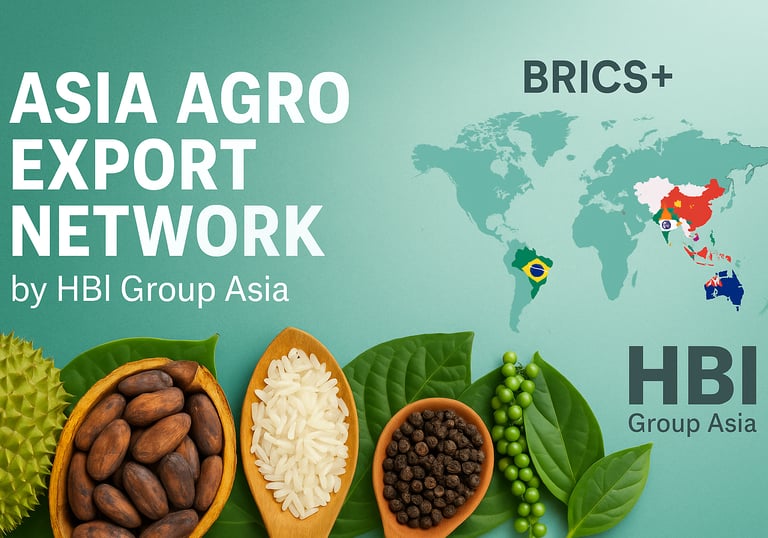 A regional map highlighting export countries in Asia including Indonesia, Pakistan, Vietnam, Thailand, and Cambodia.