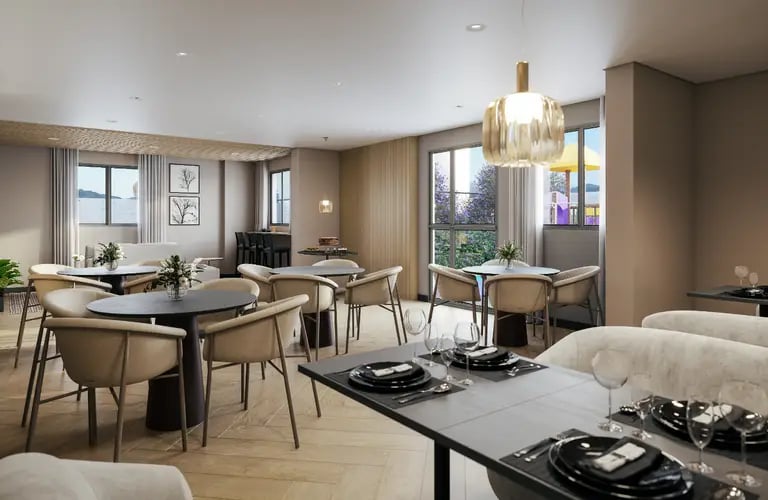 a living room with a dining table and chairs