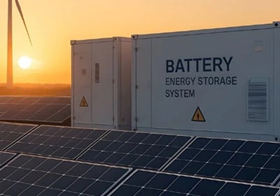 Industrial battery energy storage system at a solar farm with wind turbines at sunset.