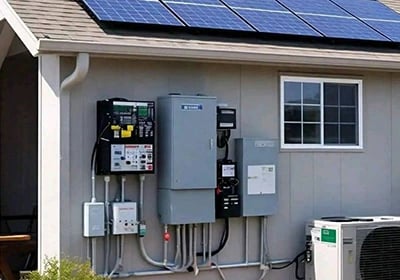 Residential solar panel system with electrical inverter boxes and battery storage mounted on house exterior.