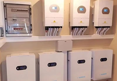 Residential solar energy system featuring wall-mounted hybrid inverters and lithium battery storage units.