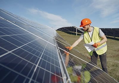 Professional solar panel installer inspecting photovoltaic modules at a large-scale solar farm.
